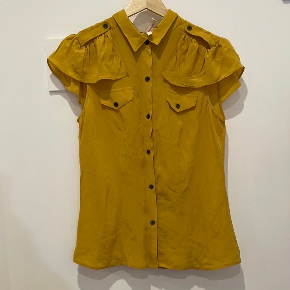 Maeve Mustard Yellow Button-Up Military inspired Silk Blouse size 6